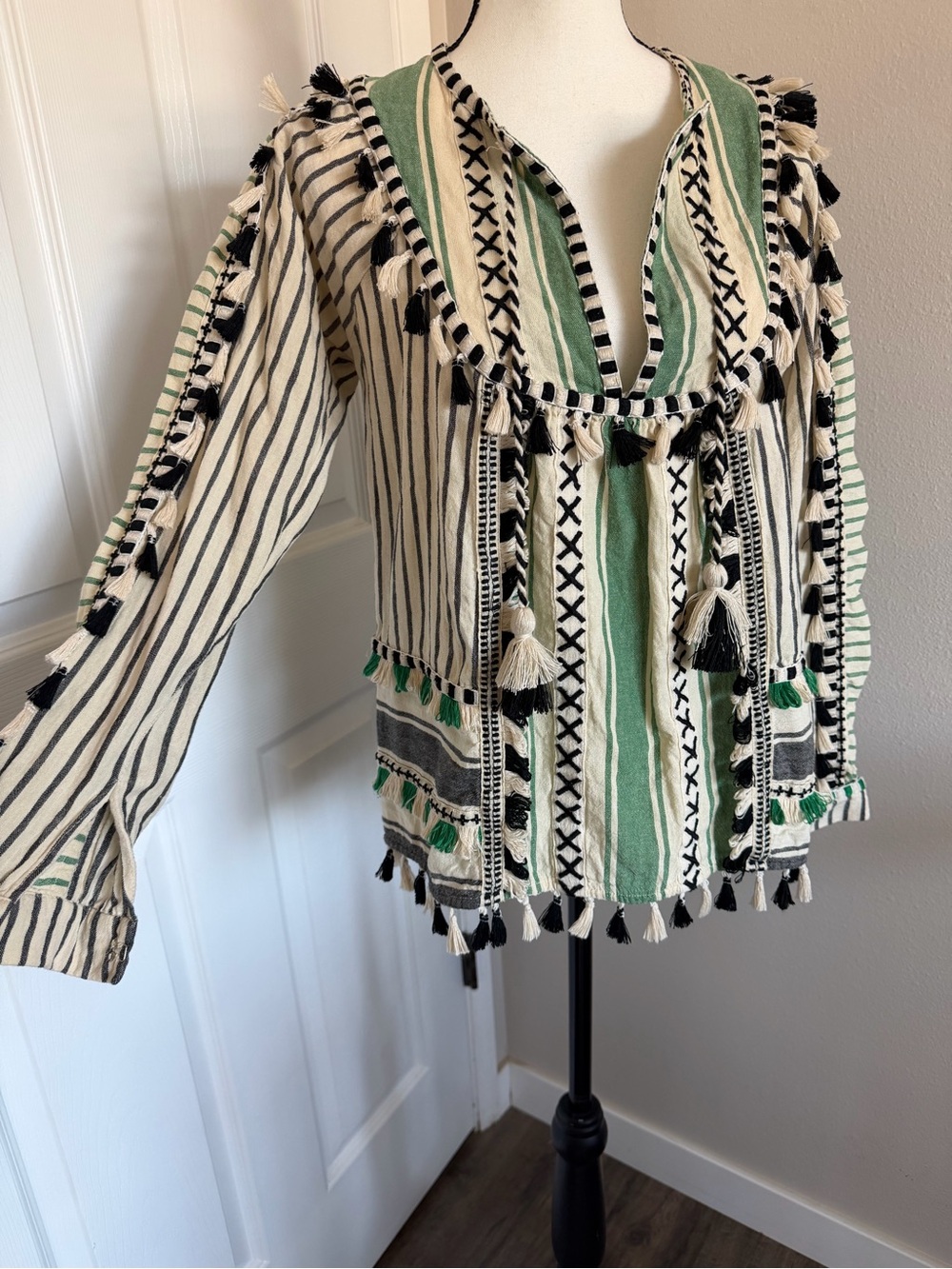NWOT Dodo Bar Or Striped Cream & Green Textile Top